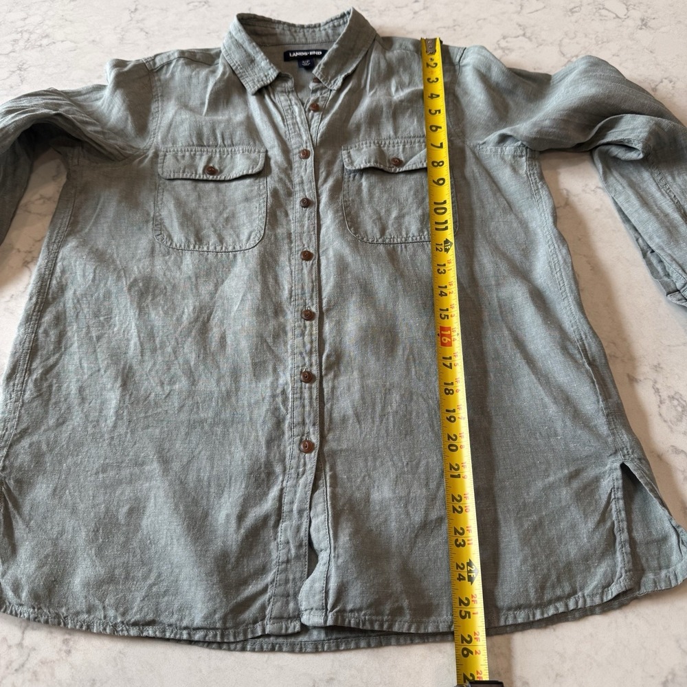 Lands End 100% Linen Utility Button Up Shirt S(6-8) Dark Sage Roll Tab Sleeve - Picture 5 of 6